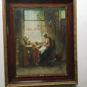 vintage print "the busy mother" Bernarde de Hoog (1867-1943) wood framed